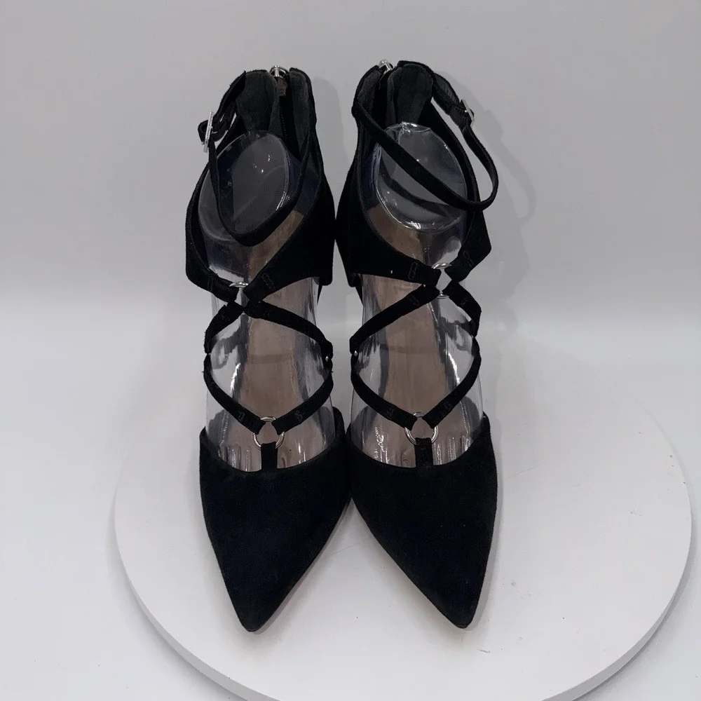 Schutz Black Dezi Strappy Suede Point Toe Stiletto Pumps Women's Size 9B
